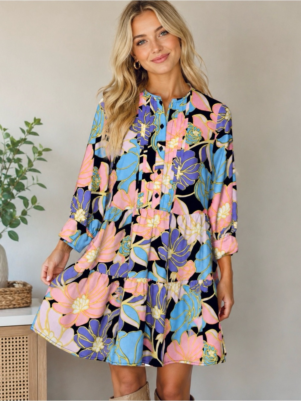 WHO WHAT WEAR Floral Tiered Button-Front Swing Dress Boho Preppy Cottagecore XS